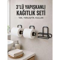 3’lü Siyah Duvar Tipi Kağıtlık Seti Yapışkanlı Pratik Rulo Tutucu