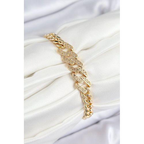 Pirinç Zirkon Taşlı Ezme Küba Zincir Model Gold Renk Kadın Bileklik