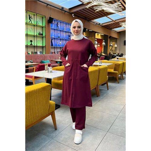 Önden İki Cepli Sade Basic Uzun Tunik Pantolon İkili Spor Takımı - 03067.009 - Bordo