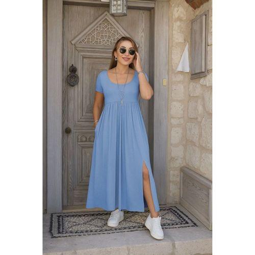 Kadın Kısa Kollu Yuvarlak Yaka önden Yırtmaçlı Cepli Viskon Uzun Elbise