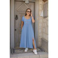 Kadın Kısa Kollu Yuvarlak Yaka önden Yırtmaçlı Cepli Viskon Uzun Elbise