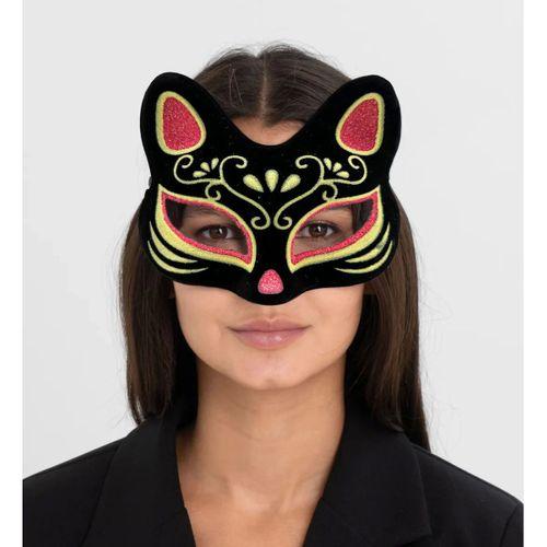 Siyah Renk Süet Kaplama Üzeri Kırmızı Sarı Simli Kedi Maskesi 17x14 Cm