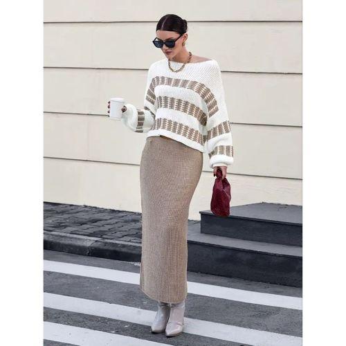 Kadın Uzun Kollu Kayık Yakalı Salaş Triko Bluz Ve Etek Ikili Takım