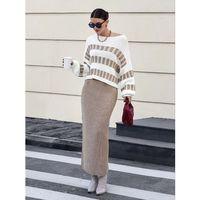 Kadın Uzun Kollu Kayık Yakalı Salaş Triko Bluz Ve Etek Ikili Takım