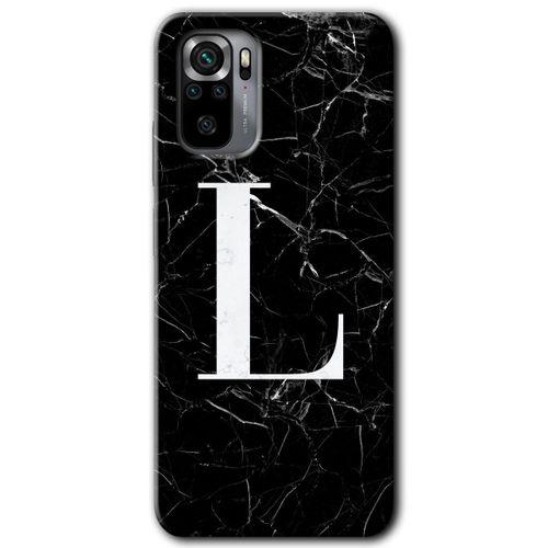MRCİLETİSİM Xiaomi Redmi Note 10s Kılıf HD Desen Baskılı Arka Kapak + Temperli Cam - Siyah Mermer Desenli L Harfi