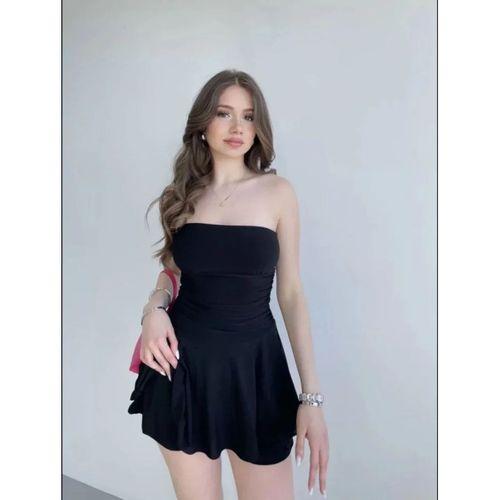 Straplez Mini Etek Görünümlü Şortlu Elbise Büzgülü Şık Yazlık - Siyah