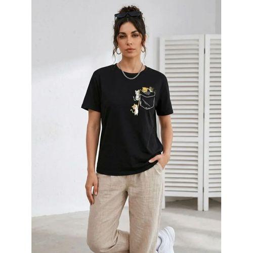 Sevimli Kedi Cep Baskılı Tişört Kısa Kol Yazlık T-Shirt - Siyah