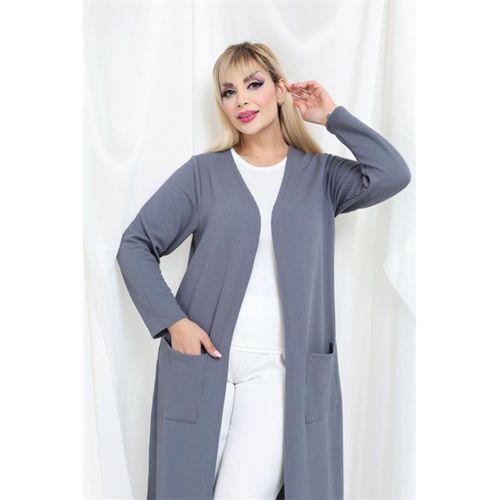 Melsay Butik Büyük Beden Gri Dokulu Örme Kumaş Uzun Kadın Hırka