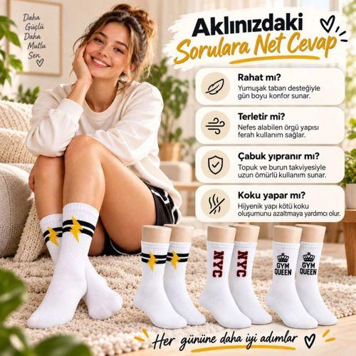 Kadın Spor Çorap Beyaz Yazılı 3'lü Set Uzun Soket Pamuklu Dikişsiz Nefes Alan Spor Konforlu Çoraplar