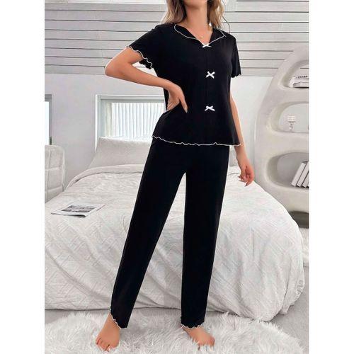 Kadın Siyah Fiyonk Detaylı Yumuşak Pamuklu Uzun Pijama Takımı 5130