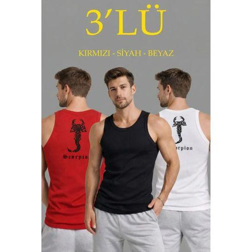 Erkek Spor Fitilli Atlet 3lü Set Kırmızı, Siyah Ve Beyaz Slim Fit Kaşkorse Arka Baskılı Spor Atlet