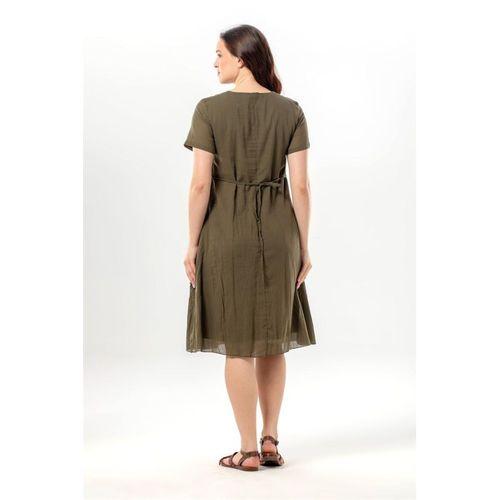 Kısa Kol Aynur Bisiklet Yaka Cepli Yazlık Vual Kısa Elbise Haki Hk