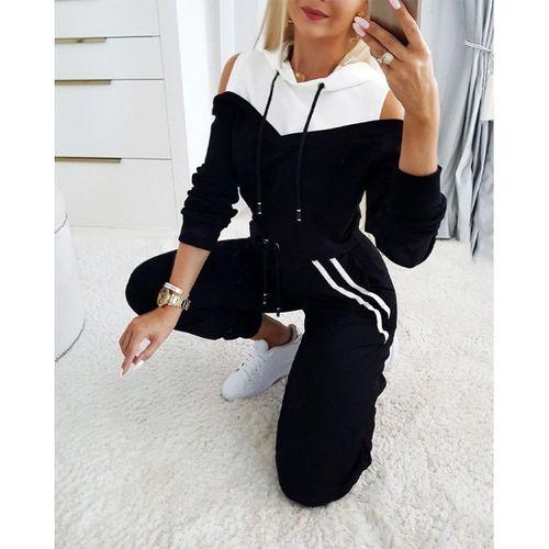 Kadın Uzun Kollu Omuzlardan Açık Kapşonlu Bağcıklı çift Renkli Viskon Iki Iplik Bluz Ve Pantolon Ikili Takım