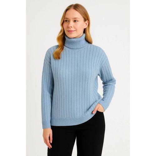 Balıkcı Yaka Bağazlı Triko Kazak Pamuklu Kalın Fitilli Dokuma - Bebek Mavisi