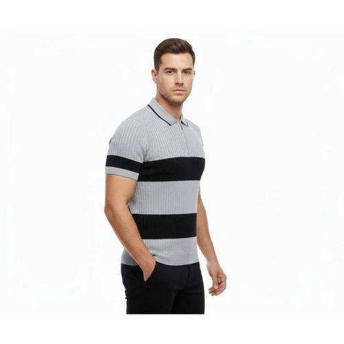 Erkek T-shirt Çizgili Triko Dokuma Kumaş Polo Yaka Yarım Fermuarlı Regular Kalıp Tişört - Gri