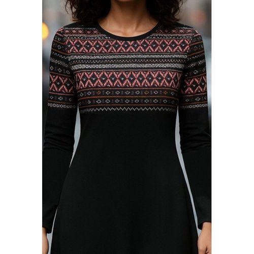 Kadın Uzun Kollu Bisiklet Yaka Etnik Desenli Kısa şardonlu Dalgıç Elbise