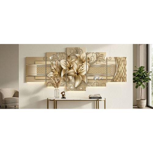 DünyaTablo Gold Krem Etkili Çiçekli - 5’li Dekoratif Metal Tablo