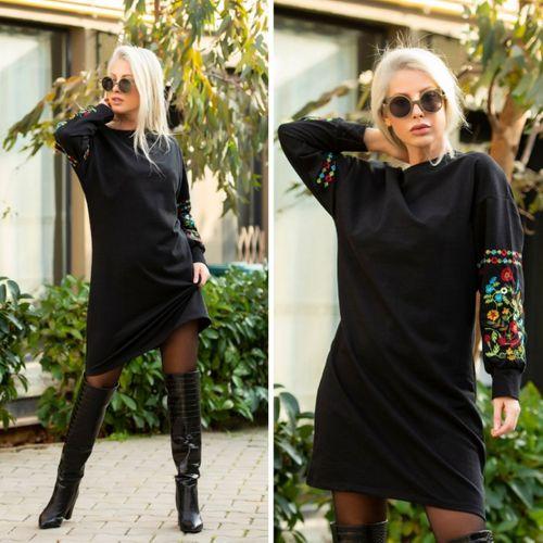 Lucky Life Kadın Iki İplik Kumaş Kolları Nakışlı Bisiklet Yaka Elbise 90cm