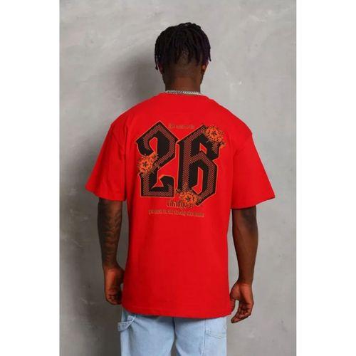 Unisex Oversize Baskılı Bisiklet Yaka T-Shirt - Kırmızı