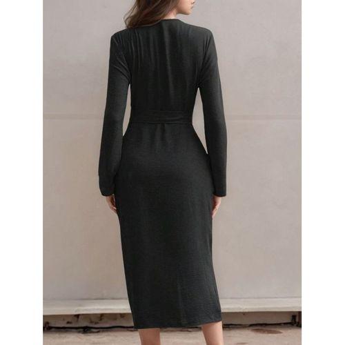 Kadın Uzun Kollu önden Düğmeli Beli Kuşaklı Aerobin Midi Elbise