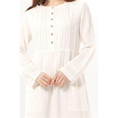 Uzun Kol Dora Yuvarlak Yaka Düğmeli Çift Cepli Yazlık Uzun Müslin Elbise Kırık Beyaz KrkByz