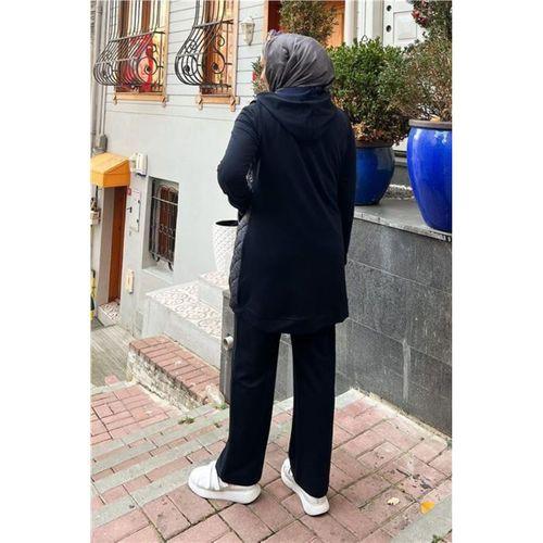 Fermuarlı Sim Şerit Detaylı Cep Kapşonlu Büyük Beden Kapitone Üçlü Takım - 12023.015 - Lacivert