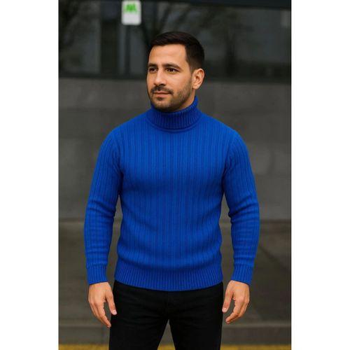 Erkek Balıkcı Yaka Bağazlı Triko Kazak Pamuklu Kalın Fitilli Dokuma, Regular Fit Uzun Kollu Kışlık Model - Saks Mavisi