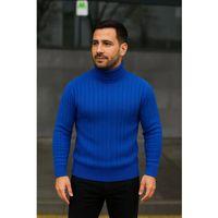 Erkek Balıkcı Yaka Bağazlı Triko Kazak Pamuklu Kalın Fitilli Dokuma, Regular Fit Uzun Kollu Kışlık Model - Saks Mavisi