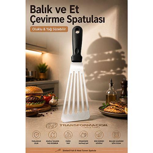 Paslanmaz Çelik Esnek Balık ve Et Çevirme Spatulası Oluklu Yağ Süzebilir 17.5 cm Mutfak Servis Gereci 723409