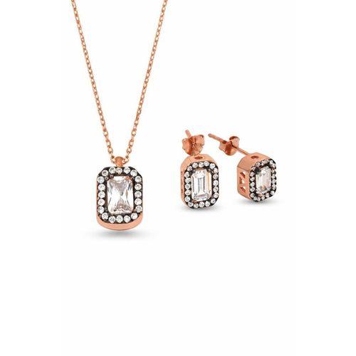 Gümüş Elmas Montür Set Kadın Gümüş Kolye Küpe Set