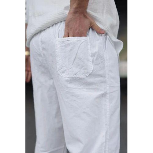 Erkek Ham Keten Beli Lastikli Cepli Regular Fit Boru Paça Pantolon - Beyaz
