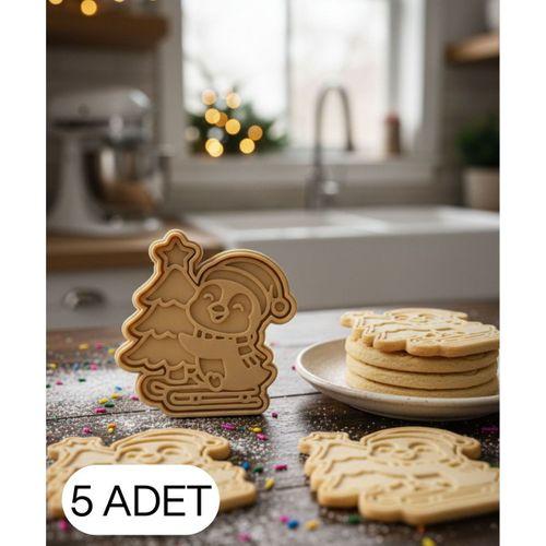 5Li Çam Ağaçlı Noel Pengueni Şekillendirici Kalıp Kurabiye Hamur Kesici Seti