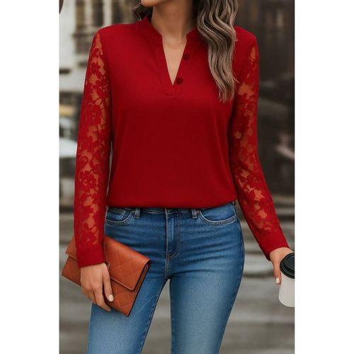 Kadın Uzun Kollu Yaka Düğme Detay Güpürlü Kol Krep Bluz