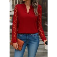 Kadın Uzun Kollu Yaka Düğme Detay Güpürlü Kol Krep Bluz