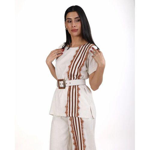 Trend Kadın Krem Keten Dokulu Bol Paça Pantolon ve Kısa Kollu Bluz Takımı