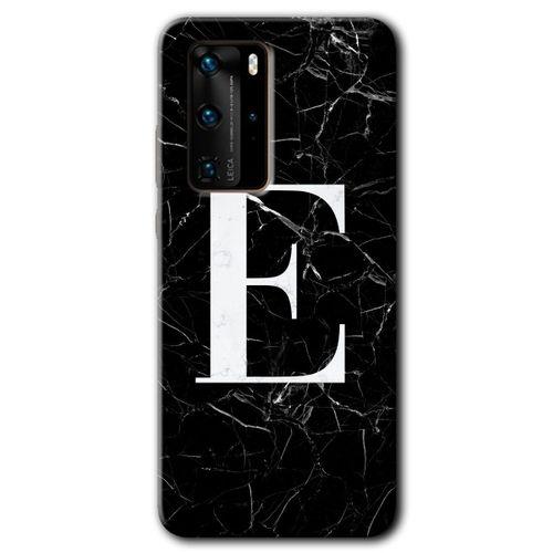 MRCİLETİSİM Huawei P40 Pro Kılıf HD Desen Baskılı Arka Kapak + Temperli Cam - Siyah Mermer Desenli E Harfi