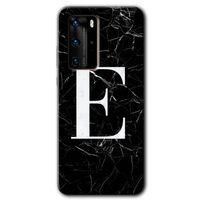 MRCİLETİSİM Huawei P40 Pro Kılıf HD Desen Baskılı Arka Kapak + Temperli Cam - Siyah Mermer Desenli E Harfi