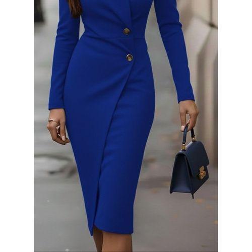 Kadın Uzun Kollu Yandan Düğmeli Kruvaze Yaka Detaylı Midi Ithal Krep Elbise