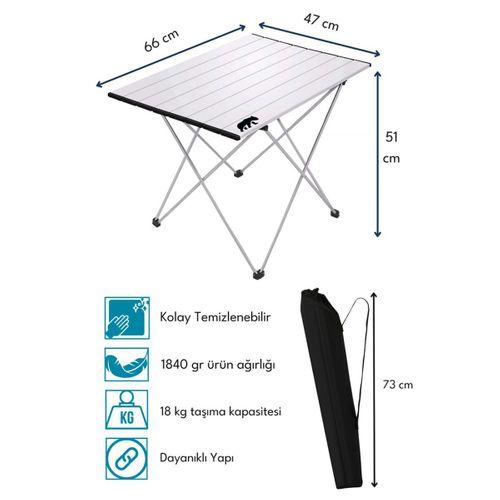 Kamp Ayısı® Orta Boy Alüminyum Katlanabilir Kamp ve Piknik Masası, Çantalı, Gri