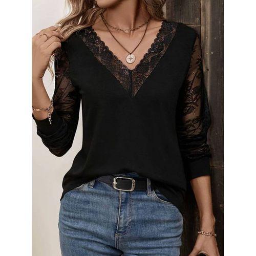 Kadın Uzun Kollu V Dantel Yakalı Viskon Bluz