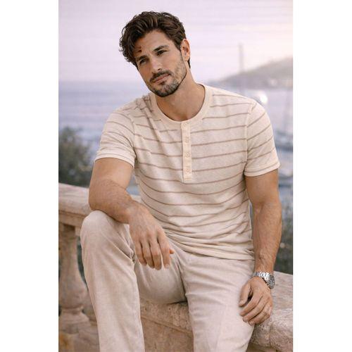 Kristof Pike Kumaş Regular Fit Düğmeli Yaka Kendinden Çizgili T-Shirt - Ekru