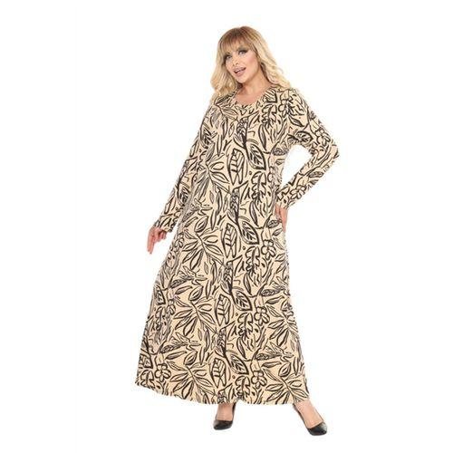 Melsay Butik Krem Yaprak Desen Uzun Kollu Kadın Tesettür Elbise