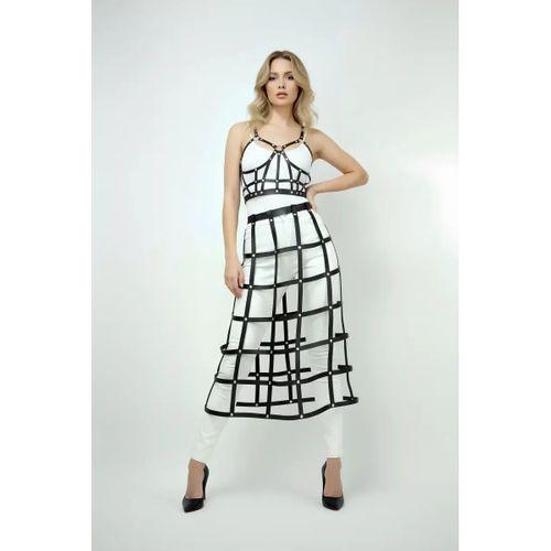 Siyah Etek Kafes Detaylı Etek Midi Boy Deri Etek - Brf1013