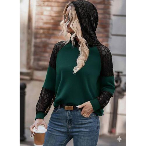 Kadın Uzun Kollu Dantelli Kapşonlu Viskon Iki Iplik Bluz