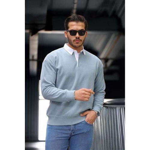 Polo Yaka Selanik Örme Kumaş Erkek Sweatshirt - Soğuk Mavi