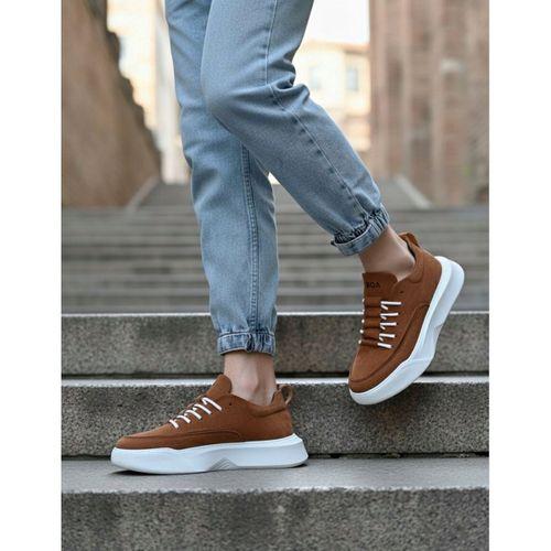 BA0332 Merdiven Desen Bağcıklı Erkek Yüksek Taban Taba Süet Beyaz Taban Spor Ayakkabı