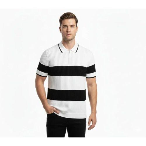 Erkek T-shirt Çizgili Triko Dokuma Kumaş Polo Yaka Yarım Fermuarlı Regular Kalıp Tişört - Beyaz