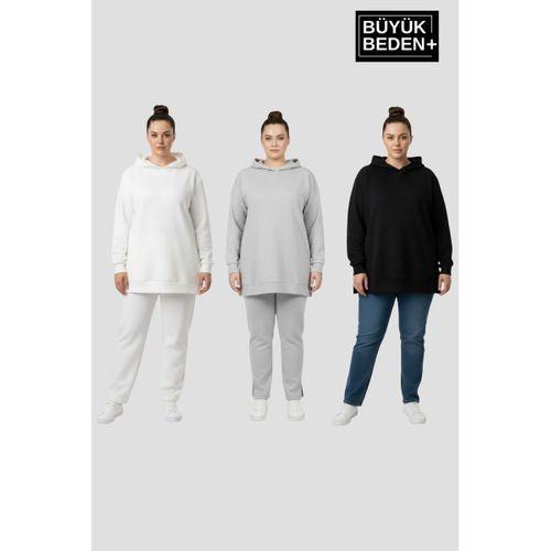 Kadın Büyük Beden 3 lü Set Kapşonlu Tunik ince Sweatshırt  SPR26BTK991+3