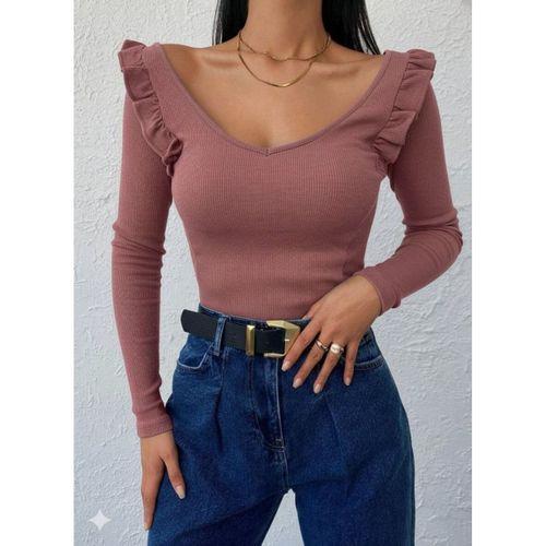 Kadın Omuz Fırfır Detay Uzun Kollu Bluz