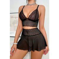 Kadın Siyah Dantel Ve Tül Detaylı Etekli Şık Gecelik Takımı